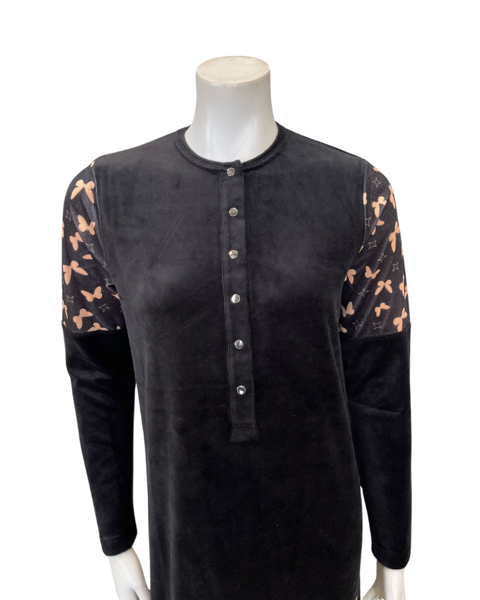 Nico Italy AP853VBK Black Butterfly Print Velour Snap Front Nightgown Myselflingerie.com