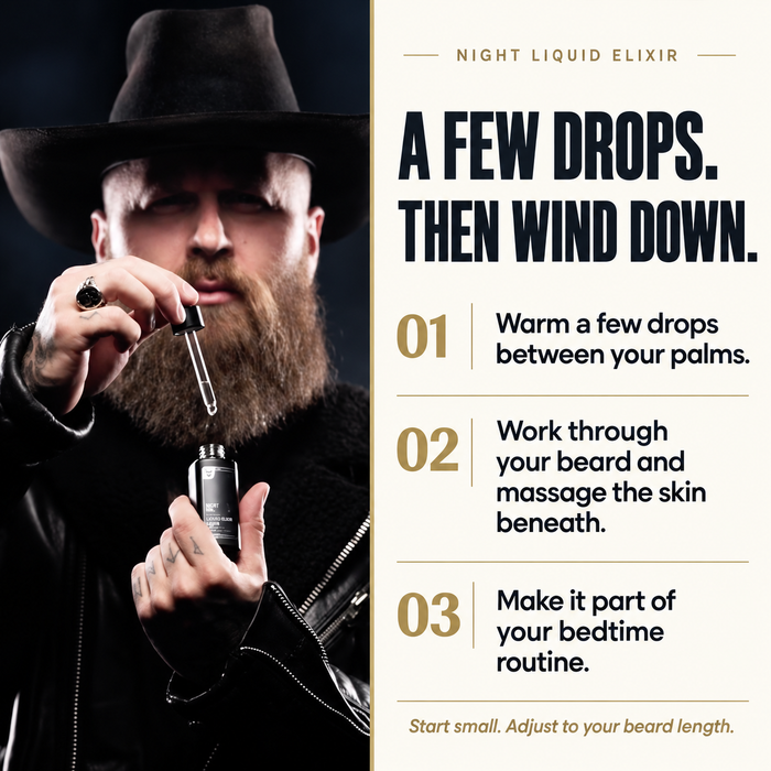 Bearded man in a black hat holding a dropper of Night Liquid Elixir beard oil, headline A Few Drops Then Wind Down, warm a few drops, work through the beard, make it part of your bedtime routine