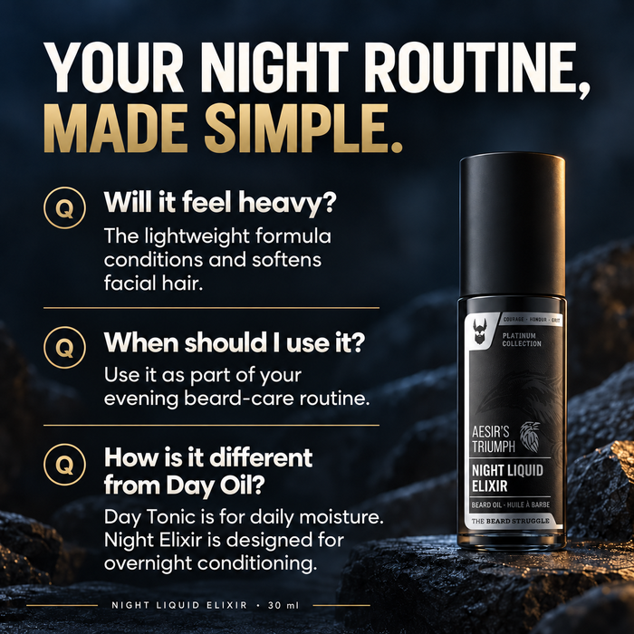 Night Liquid Elixir Aesir's Triumph 30 ml bottle, headline Your Night Routine Made Simple, answers on weight, when to use it and how it differs from Day Tonic