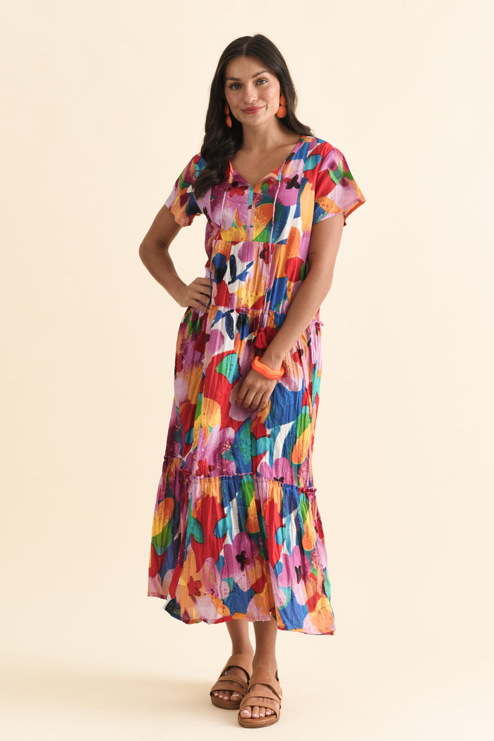 Nona Pink Bloom Crinkle Cotton Maxi Dress,Brunette model,alt text|model:Brontie