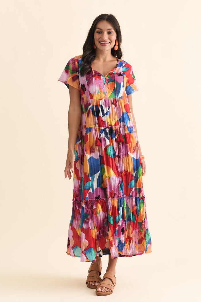 Nona Pink Bloom Crinkle Cotton Maxi Dress,Brunette model,alt text|model:Brontie