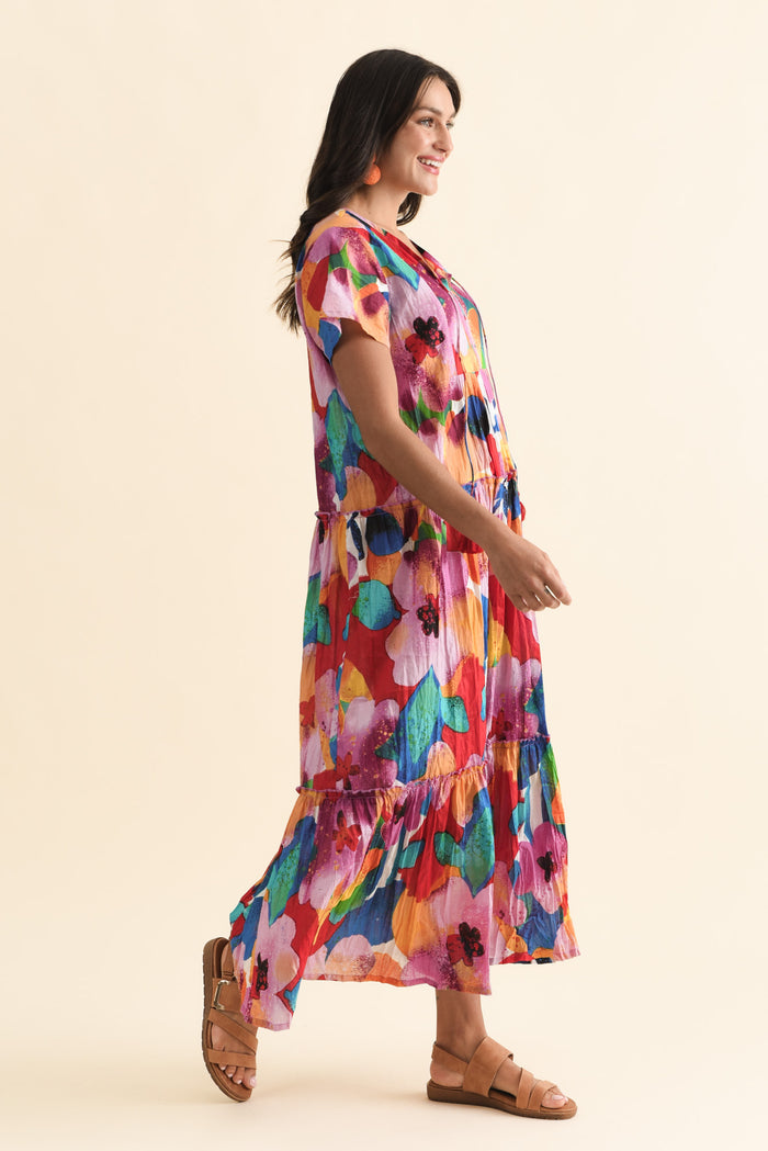 Nona Pink Bloom Crinkle Cotton Maxi Dress,Brunette model,alt text|model:Brontie