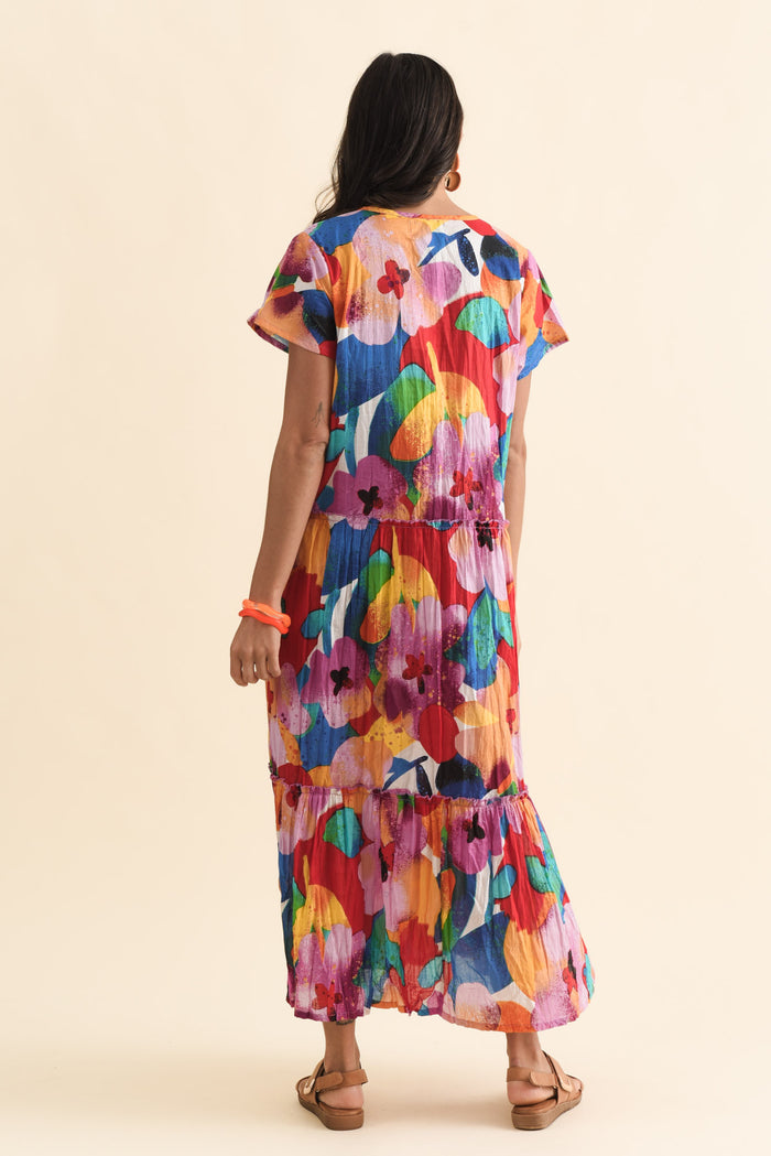 Nona Pink Bloom Crinkle Cotton Maxi Dress,Brunette model,alt text|model:Brontie