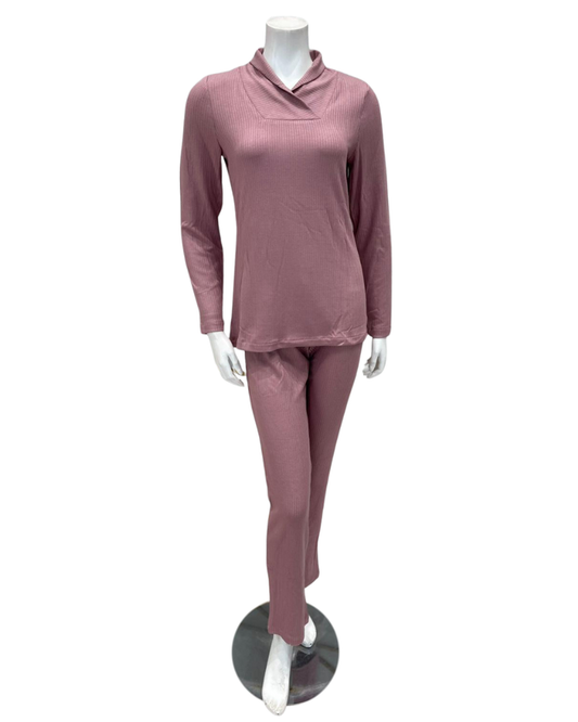 Oh! Zuza 4533 Antique Rose Shawl Neck Ribbed Modal Pajamas Set Myselflingerie.com