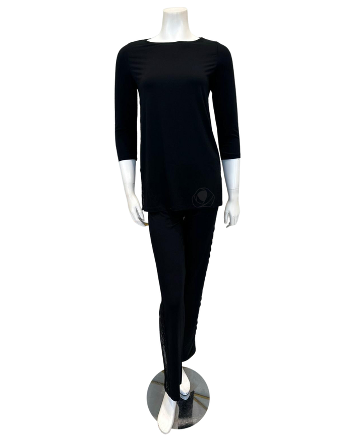 Oh! Zuza Black Swirl Design Sheer Lace Trimmed Modal Pajamas Set