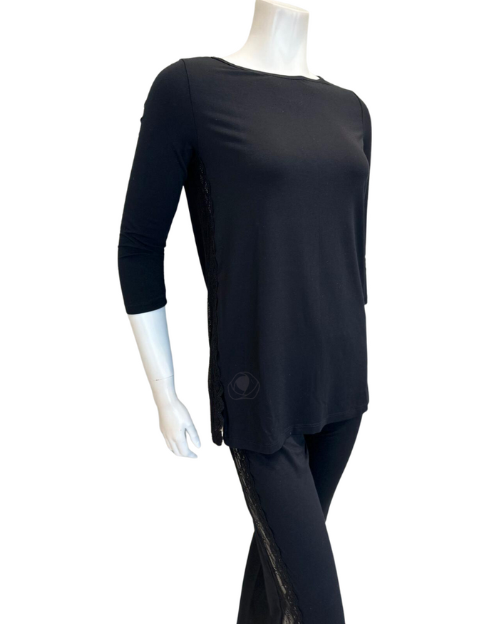 Oh! Zuza Black Swirl Design Sheer Lace Trimmed Modal Pajamas Set