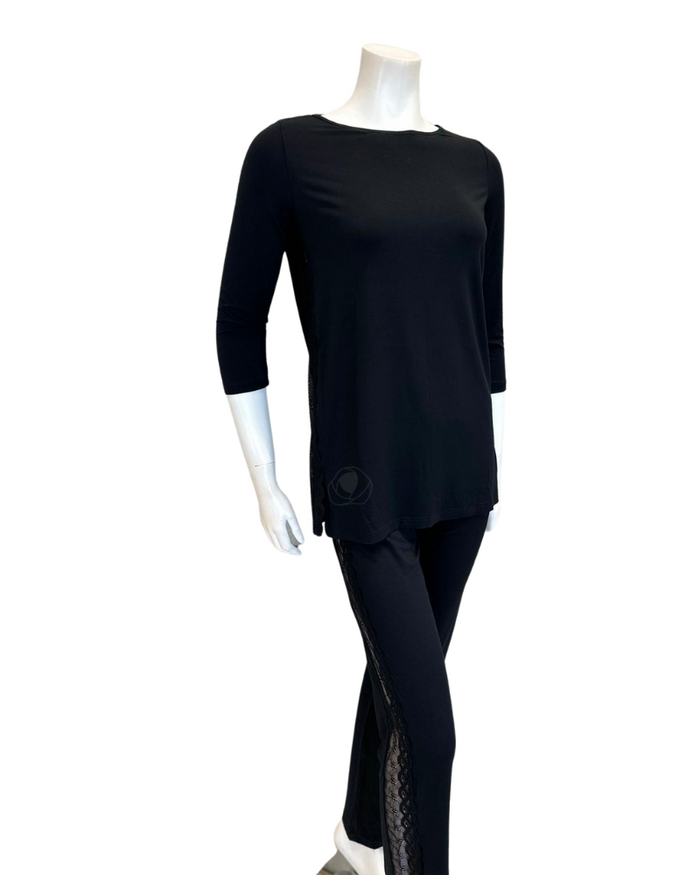 Oh! Zuza Black Swirl Design Sheer Lace Trimmed Modal Pajamas Set