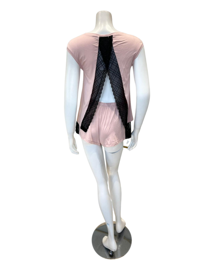 Oh! Zuza 3226 Dusty Pink / Black Lace Open Back Modal Pajamas Shorts Set Myselflingerie.com