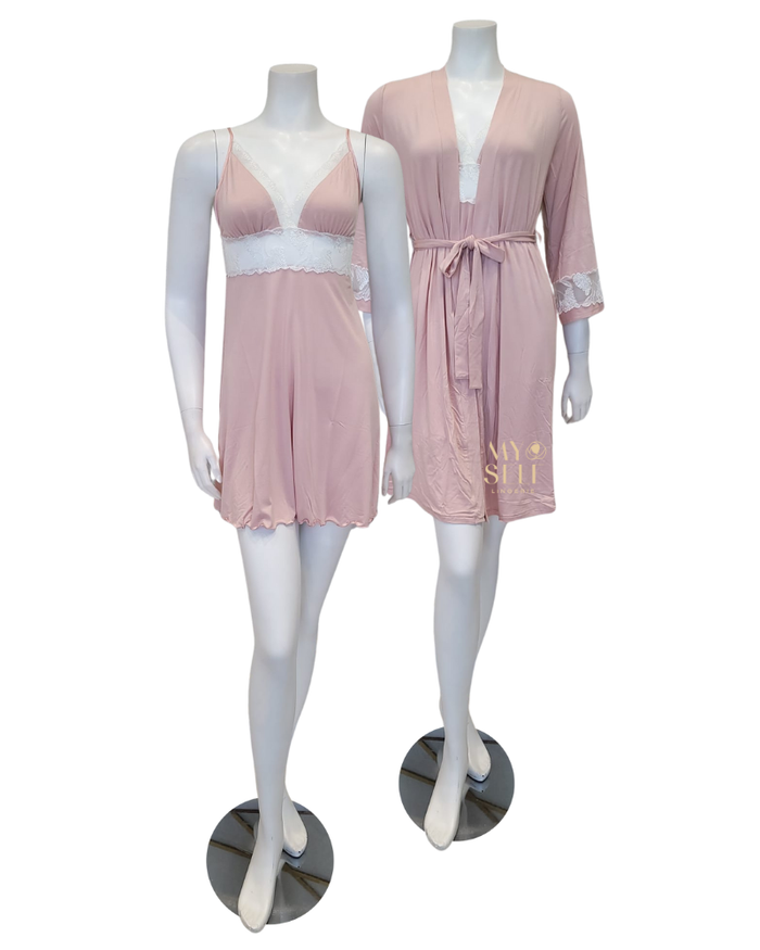 Oh! Zuza 3819 + 3820 Dusty Pink Floral Fantasy Chemise & Robe Set myselflingerie.com