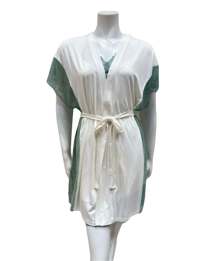 Oh! Zuza 4210+4212 Ivory and Sea Green Laced Edge Modal Chemise & Wrap Set myselflingerie.com