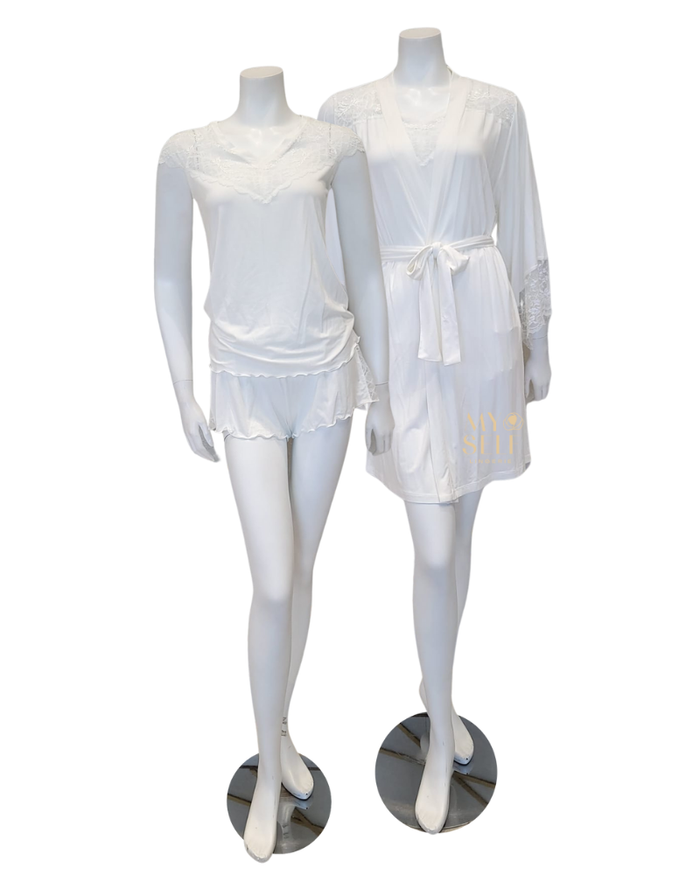 Oh! Zuza 3809 + 3810 Ivory Lace Modal Cami Shorts Set & Long Robe Set myselflingerie.com