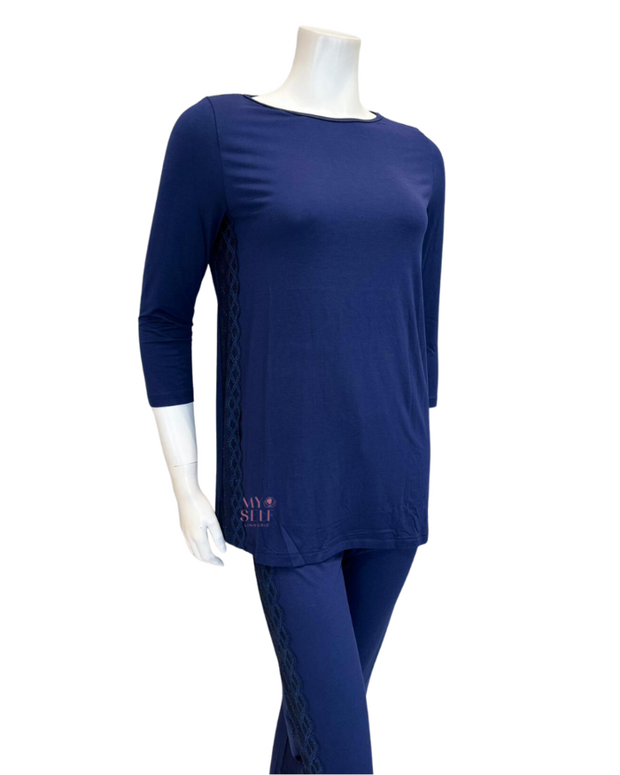 Oh! Zuza M4144 Navy Swirl Design Lace Trimmed Modal Pajamas Set myselflingerie.com