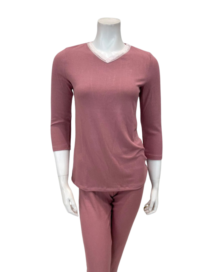 Oh! Zuza Powder Rose Ribbed Lace V Modal Pajamas Set