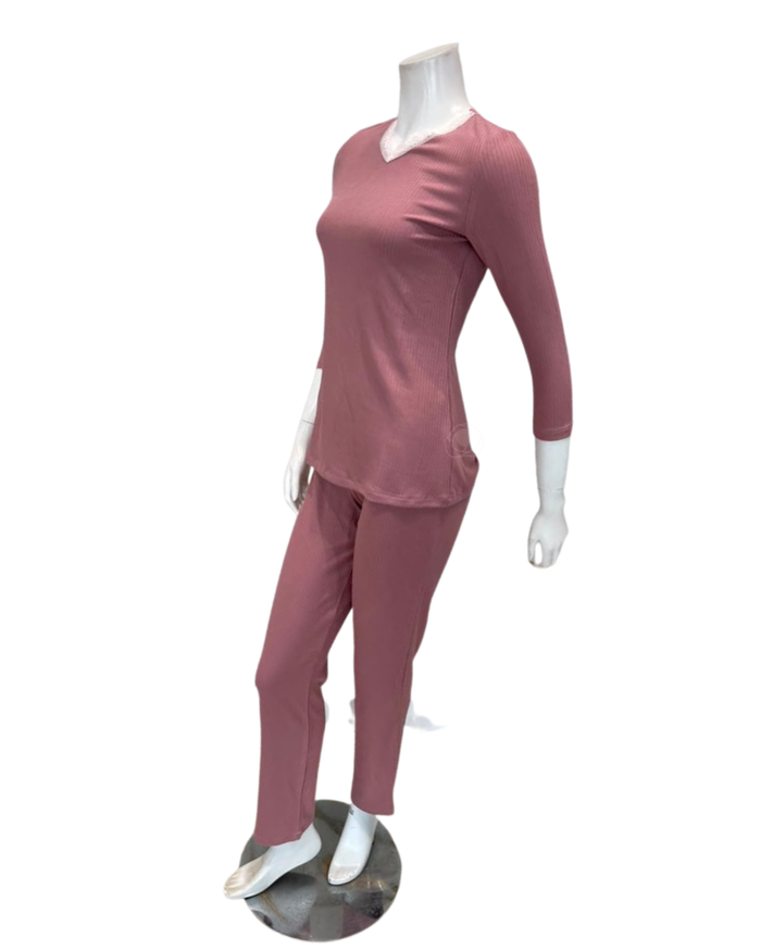 Oh! Zuza Powder Rose Ribbed Lace V Modal Pajamas Set