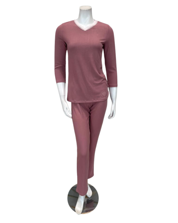 Oh! Zuza Powder Rose Ribbed Lace V Modal Pajamas Set
