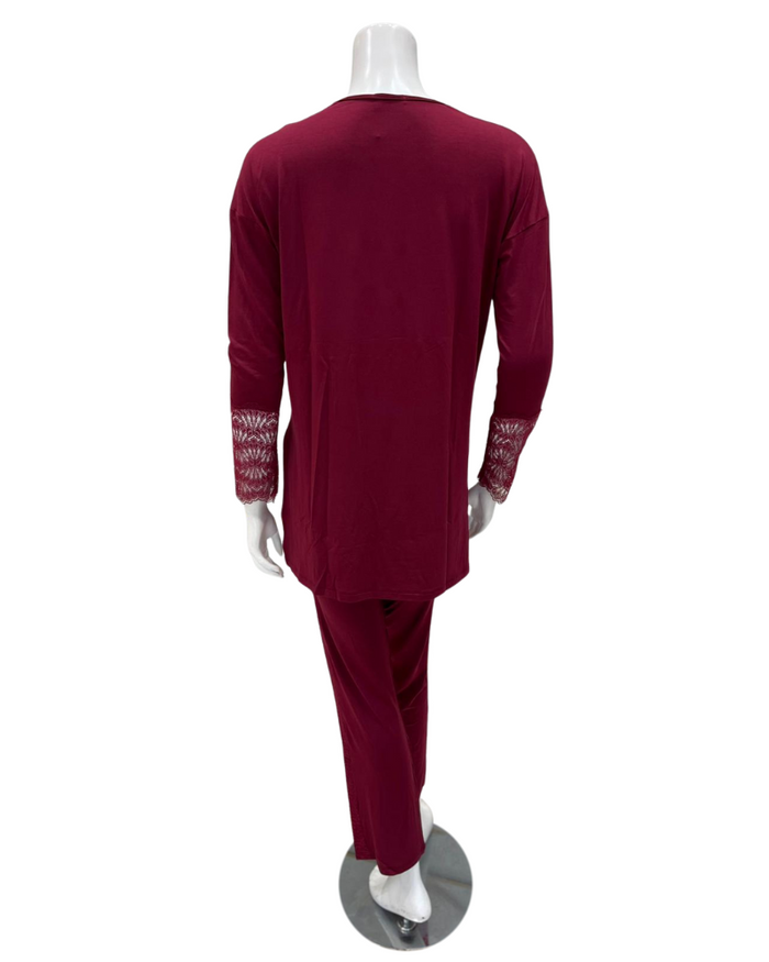 Oh! Zuza M4509 Red Wine V Neck Laced Trim Sleeve Pajamas Set Myselflingerie.com