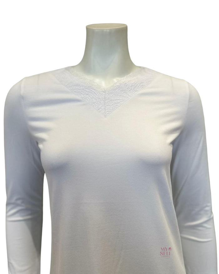 Oh! Zuza M4140 White Swirl Design Modest V Neck Modal Nightshirt myselflingerie.com