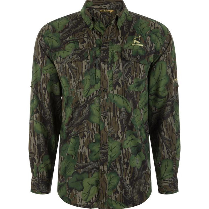 Ol' Tom long-sleeve performance camo shirt with button-down collar, dual chest pockets, and moisture-wicking fabric.