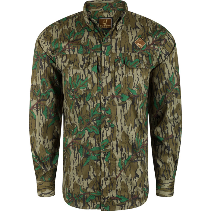 Ol' Tom long-sleeve performance camo button-down shirt with chest pockets and moisture-wicking fabric.