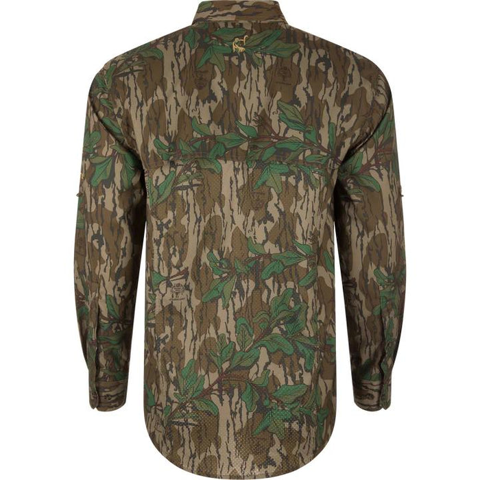 Back view of Ol' Tom youth long-sleeve camo shirt with vented cape back and breathable performance fabric.