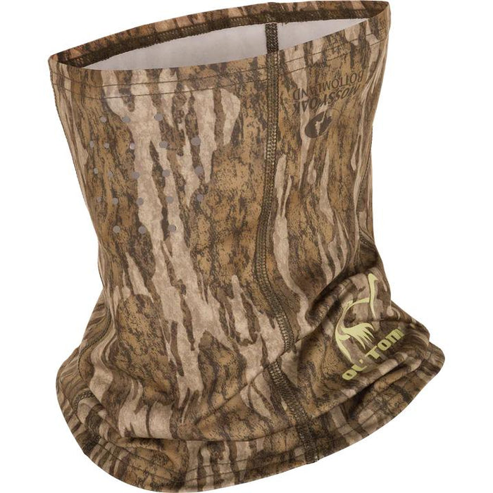 Ol' Tom stretch-fit half mask in Mossy Oak Bottomland camo with perforated nose and mouth holes for breathability.