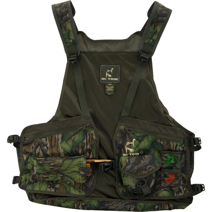 Ol' Tom turkey hunting strap vest in camouflage print with multiple gear pockets and adjustable nylon shoulder straps.