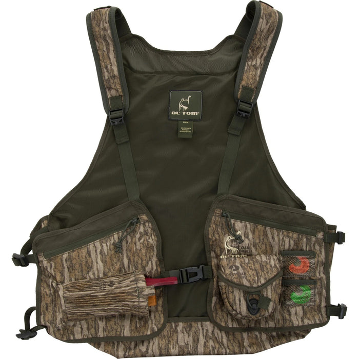 Ol' Tom turkey hunting strap vest in camouflage print with multiple call pouches and adjustable nylon straps.