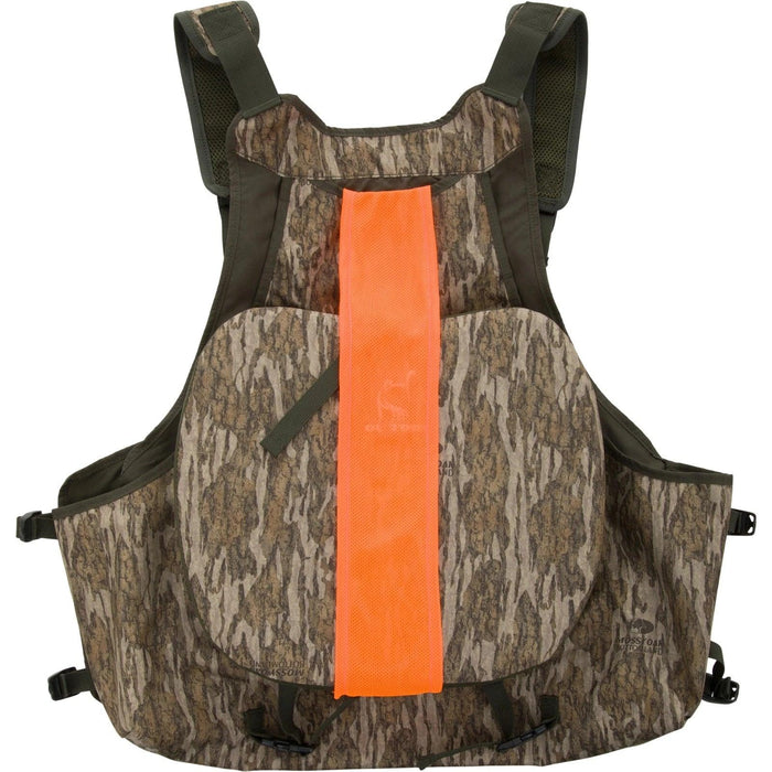 Ol' Tom Turkey Strap Vest in Mossy Oak Bottomland camo with a high-visibility orange safety flag and adjustable straps.
