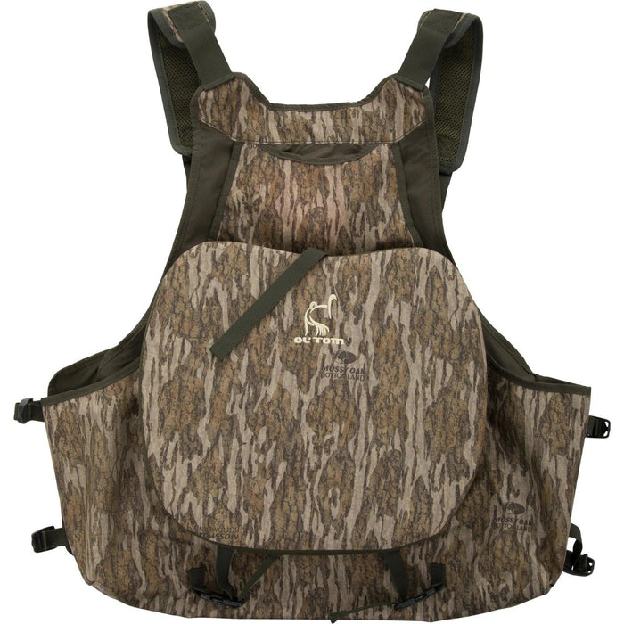 Ol' Tom turkey strap vest in Mossy Oak Bottomland camo with adjustable straps and integrated call storage pockets.