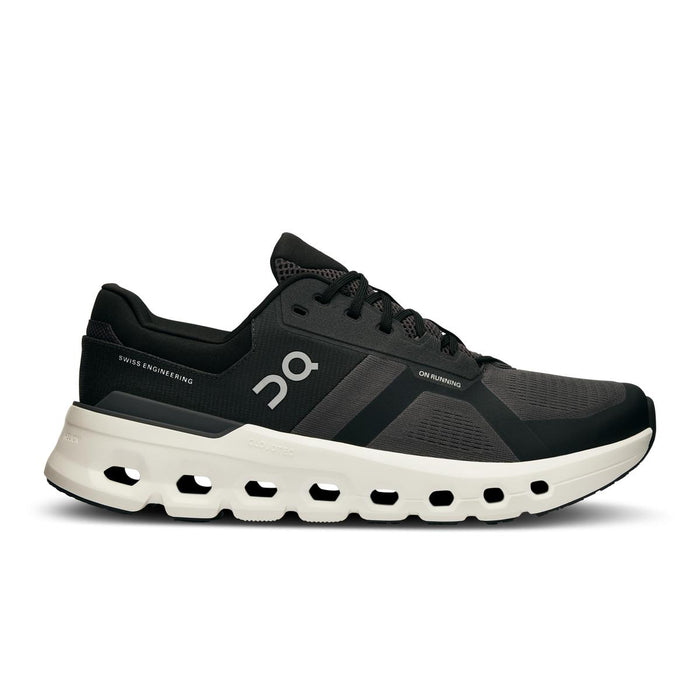 Men's On Running Cloudrunner 2 in black with breathable mesh upper and white CloudTec cushioned sole.