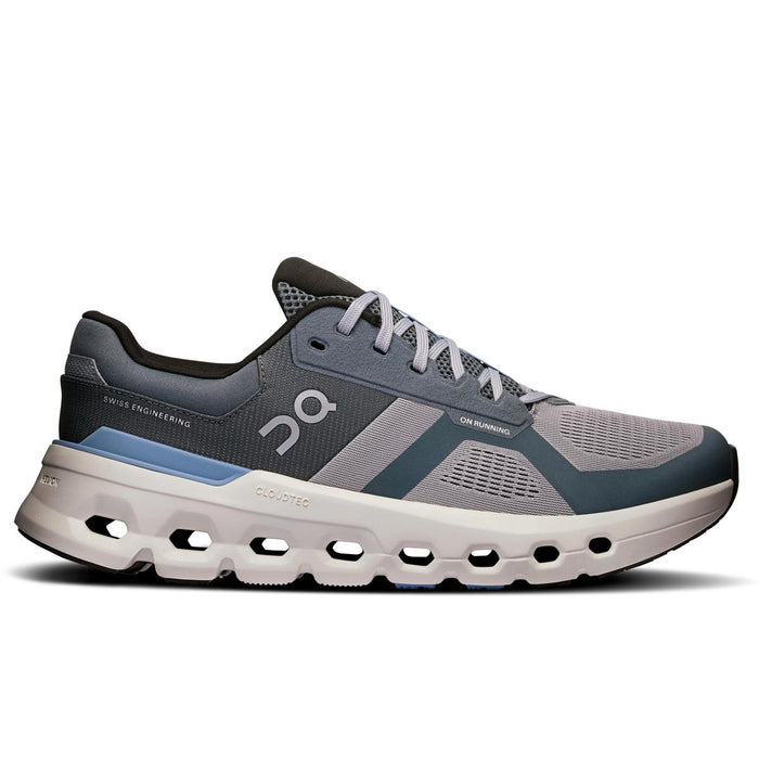 On Running Cloudrunner 2 men's running shoe in grey with signature CloudTec cushioned sole and mesh upper.