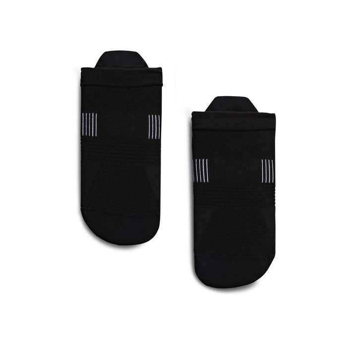 Black On Running ultralight low-cut athletic socks with breathable mesh texture and white detail accents.
