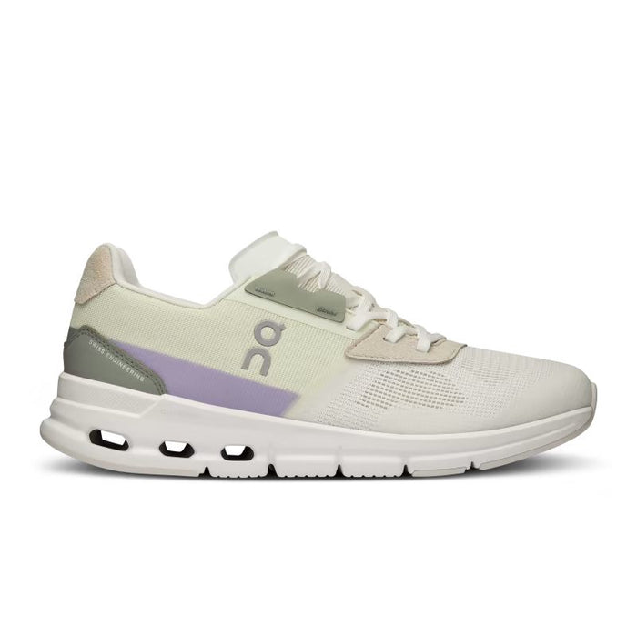 On Running Women's Cloudrift sneaker in off-white mesh with lavender and sage green accents and CloudTec cushioning.