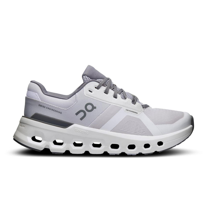 Women's On Running Cloudrunner in white and grey with breathable mesh upper and signature CloudTec cushioned sole.