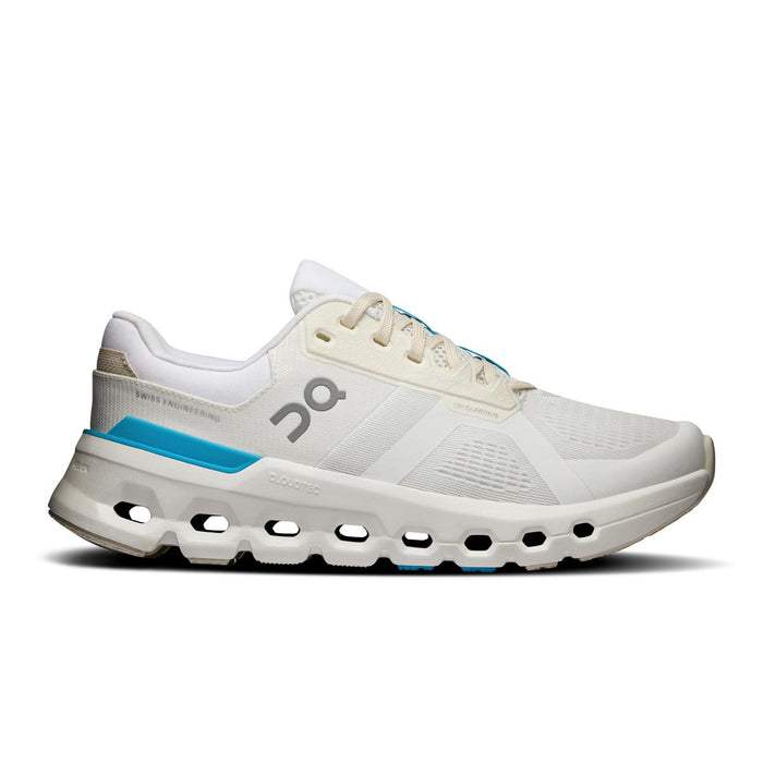 On Running Women's Cloudrunner in cream mesh with blue accents and signature CloudTec cushioned sole.