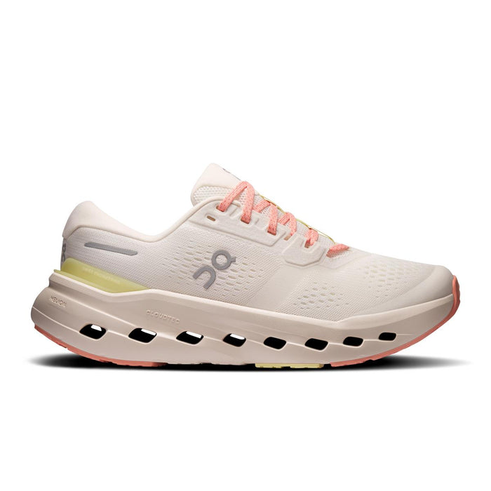 On Running Women's Cloudrunner in cream mesh with coral accents and supportive CloudTec cushioning sole.