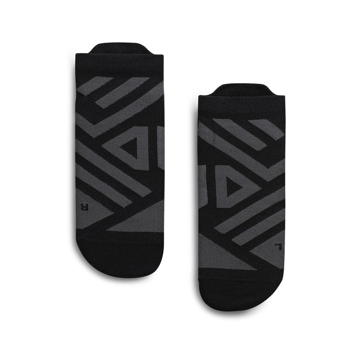 On Running women's black low-cut performance running socks with grey arch support panels and left/right labeling.