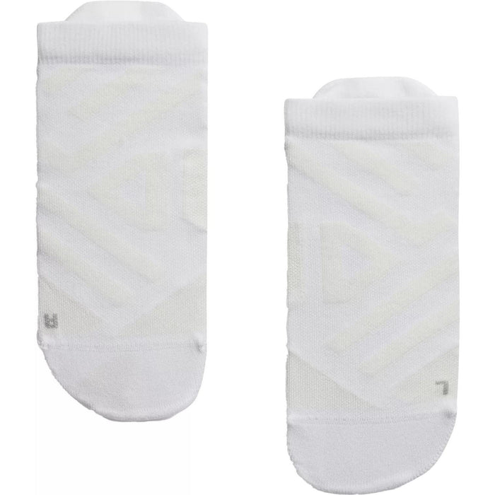 Pair of white On Running performance low-cut socks with technical mesh paneling and targeted arch support.