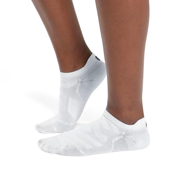 White On Running performance low-cut socks with technical mesh paneling and targeted arch support on a runner.