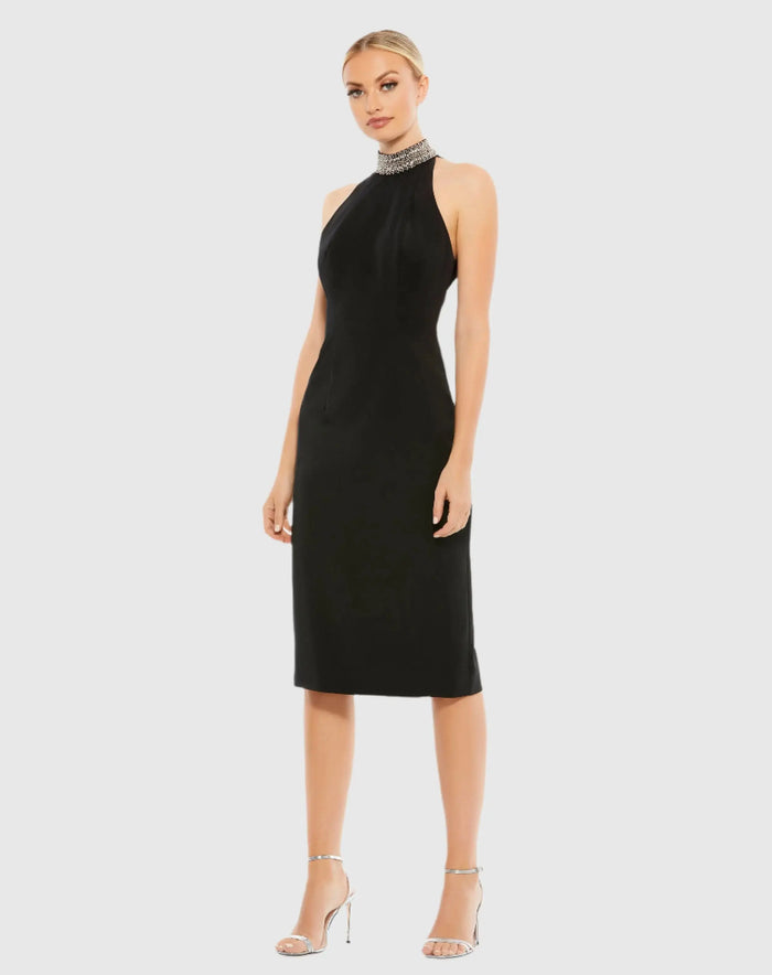 Black Open Back Jeweled Halter Midi Dress - Mac Duggal