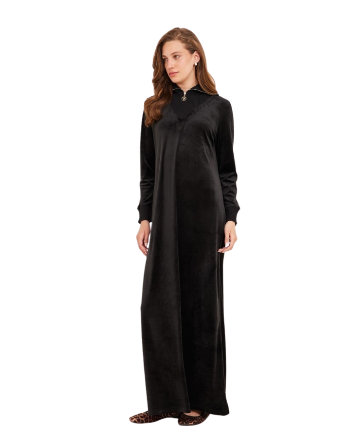 ORD Black Velour Zipper Lounger with Ribbed Collar Myselflingerie.com