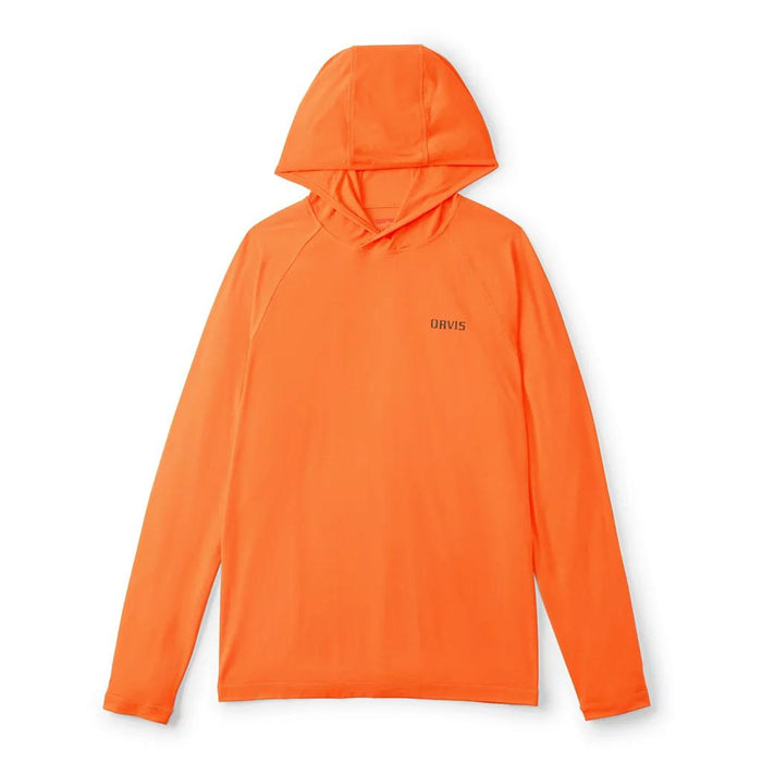 Bright orange Orvis DriCast long-sleeve performance hoodie with a hood and small chest logo on a white background.
