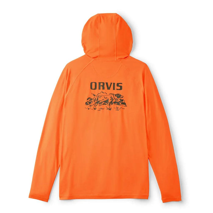 Bright orange Orvis DriCast sun hoodie with a graphic logo on the back and long raglan sleeves.