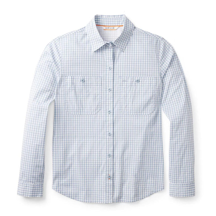 Orvis women's long-sleeve button-down shirt in light blue and white gingham with two chest pockets and a classic collar.