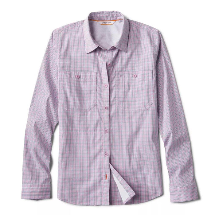 Orvis women's long-sleeve button-down shirt in a pink and blue plaid cotton blend with two front chest pockets.