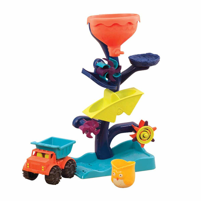 Water wheel toy with owl and truck.