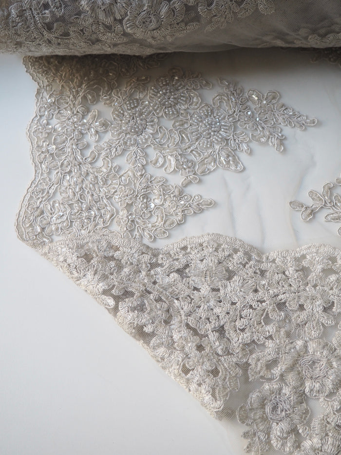Oyster Beaded Floral Corded Lace Tulle
