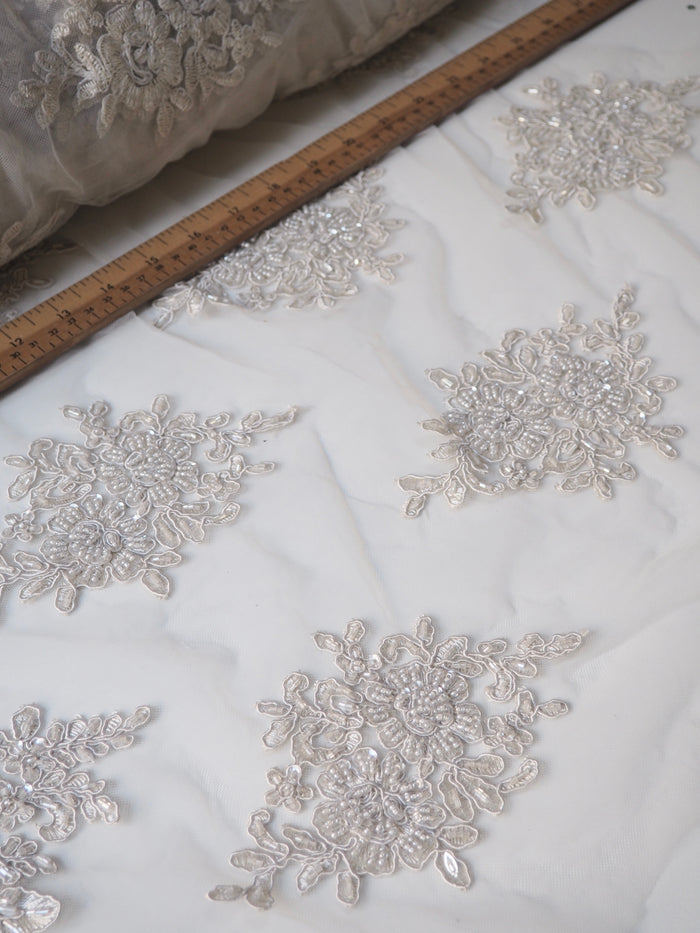Oyster Beaded Floral Corded Lace Tulle