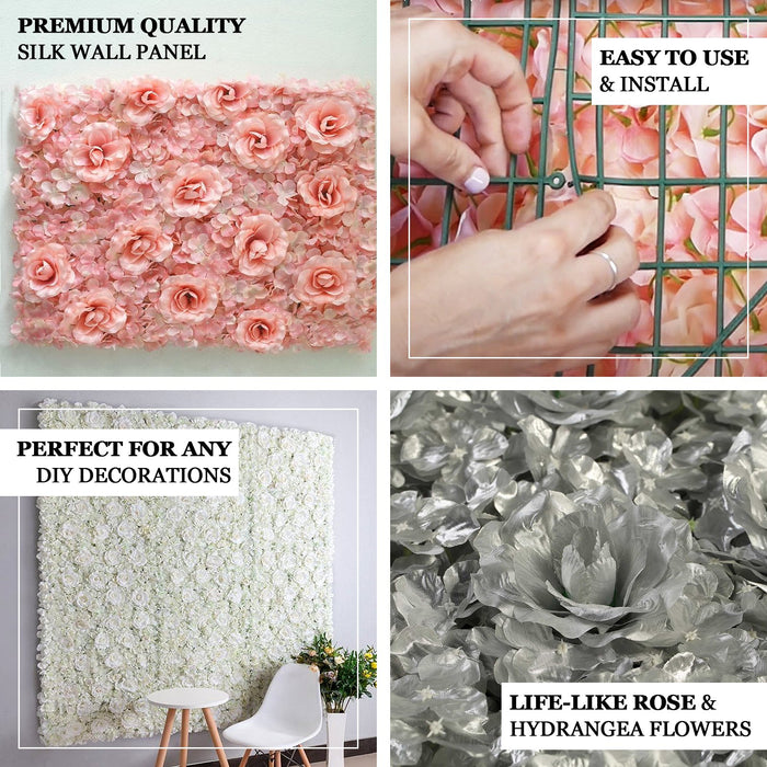 4 Pack 11 Sq ft. UV Protected 3D Blush | Rose Gold Cream Silk Rose & Hydrangea Flower Wall Mat Panel