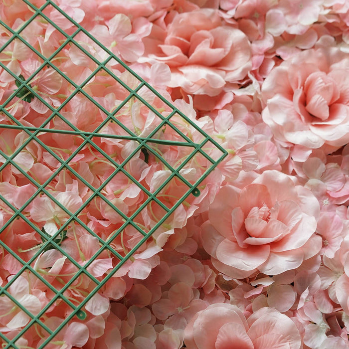 4 Pack 11 Sq ft. UV Protected 3D Blush | Rose Gold Cream Silk Rose & Hydrangea Flower Wall Mat Panel
